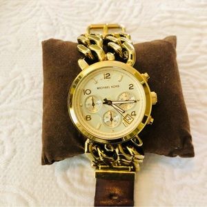 MK Women's Runaway Twist Watch, double goldtoned&brown leather, battery needed